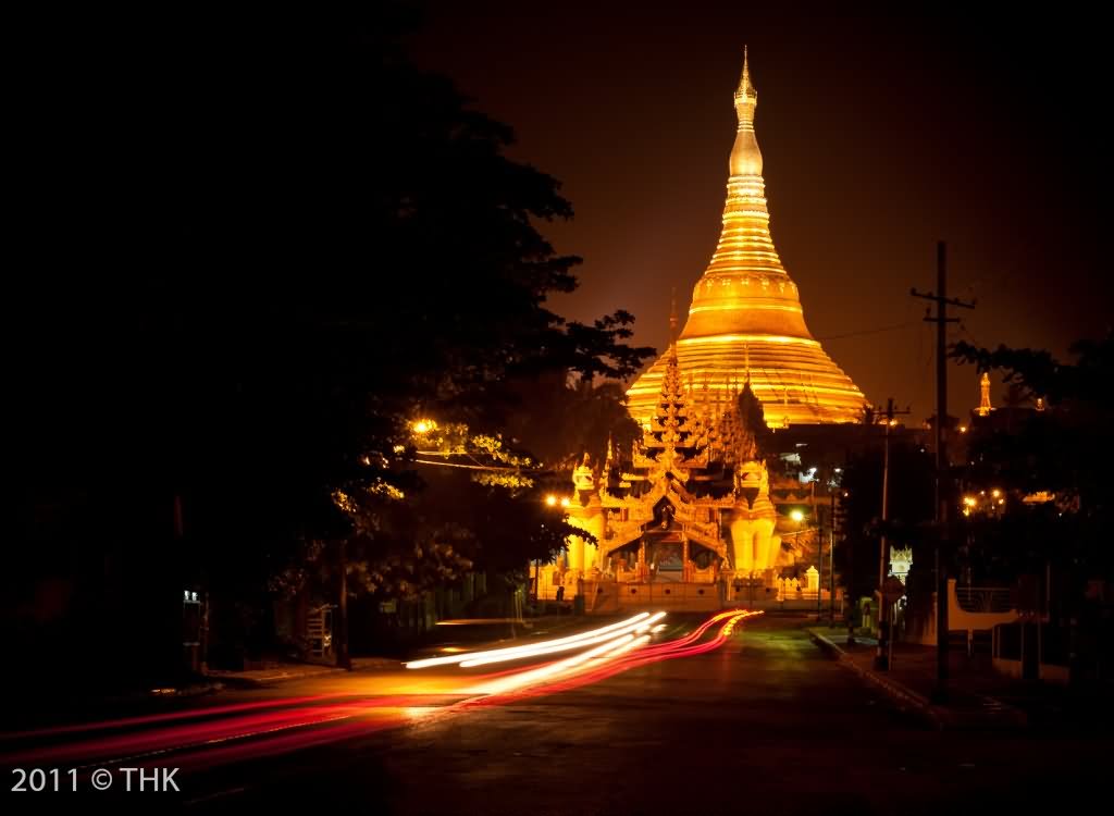 Shwedagon Pagoda Night View From South With Motion Lights