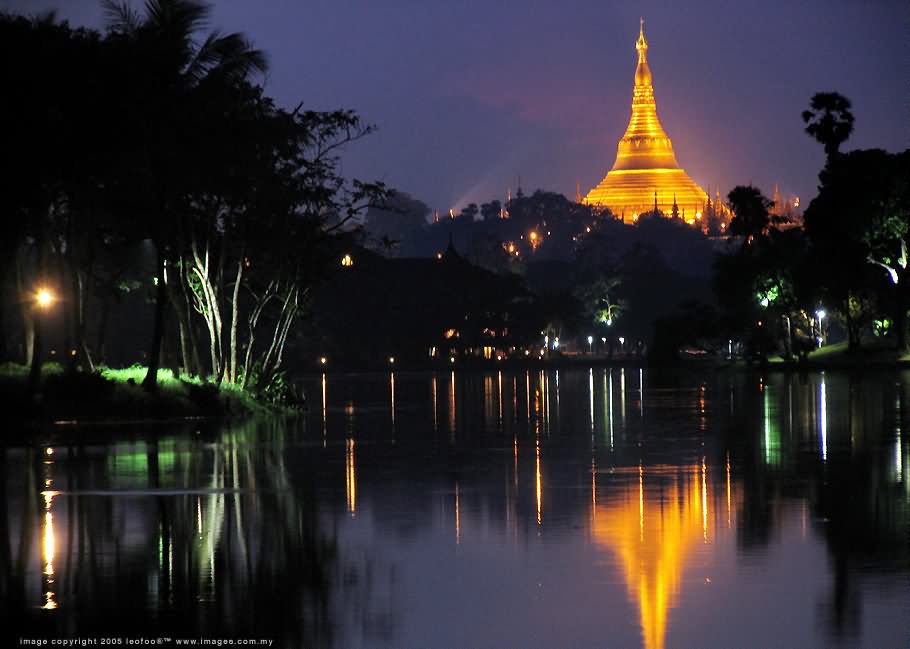 Shwedagon Pagoda Reflection In Kandawgyi Lake At Night