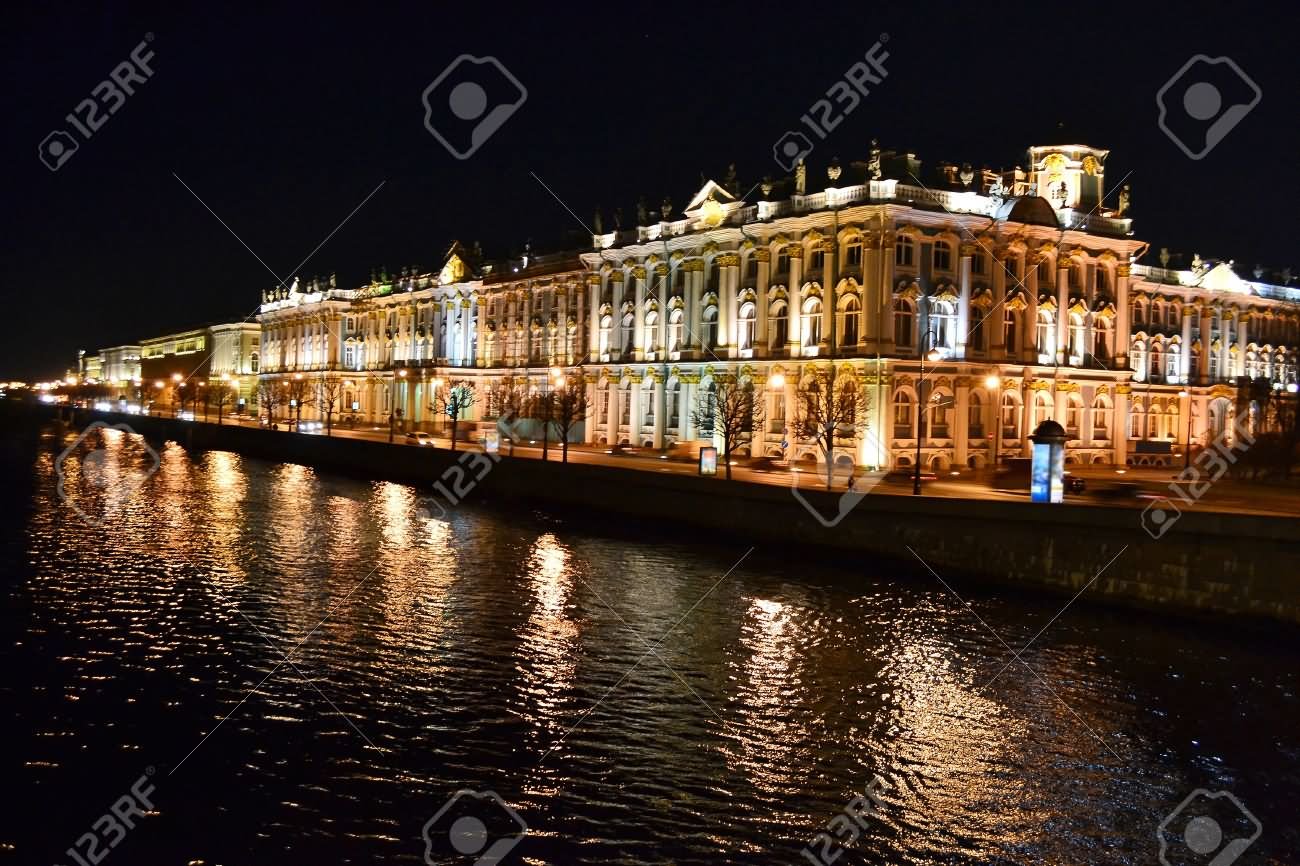 Side View Of The Hermitage Museum At Night