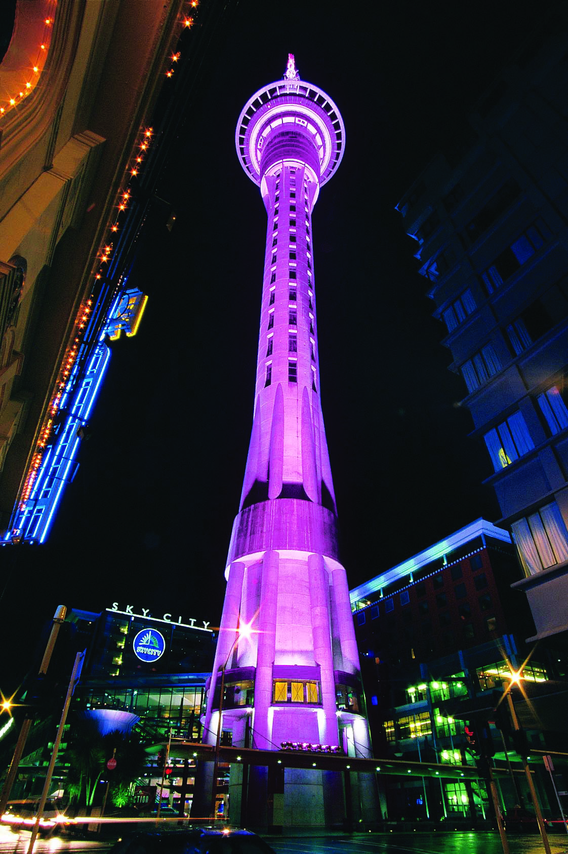 Sky Tower Lit Up In Purple Light