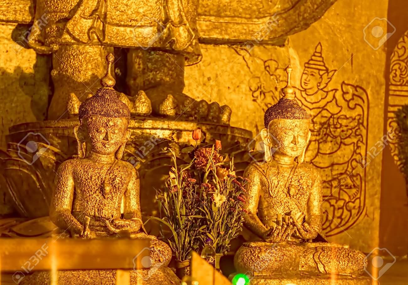 Small Buddha Statues Covered With Gold Flakes In Ananda Temple