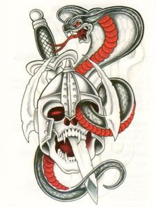 Sword In Vampire Skull With Snake Tattoo Design