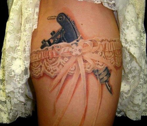 Tattoo Machine Garter Tattoo On Thigh
