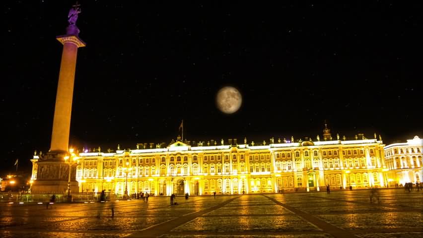The Hermitage Museum And Alexander's Column At Night With Full Moon Picture