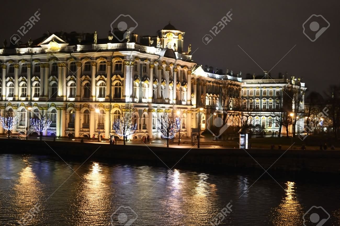 The Hermitage Museum And Neva River At Night