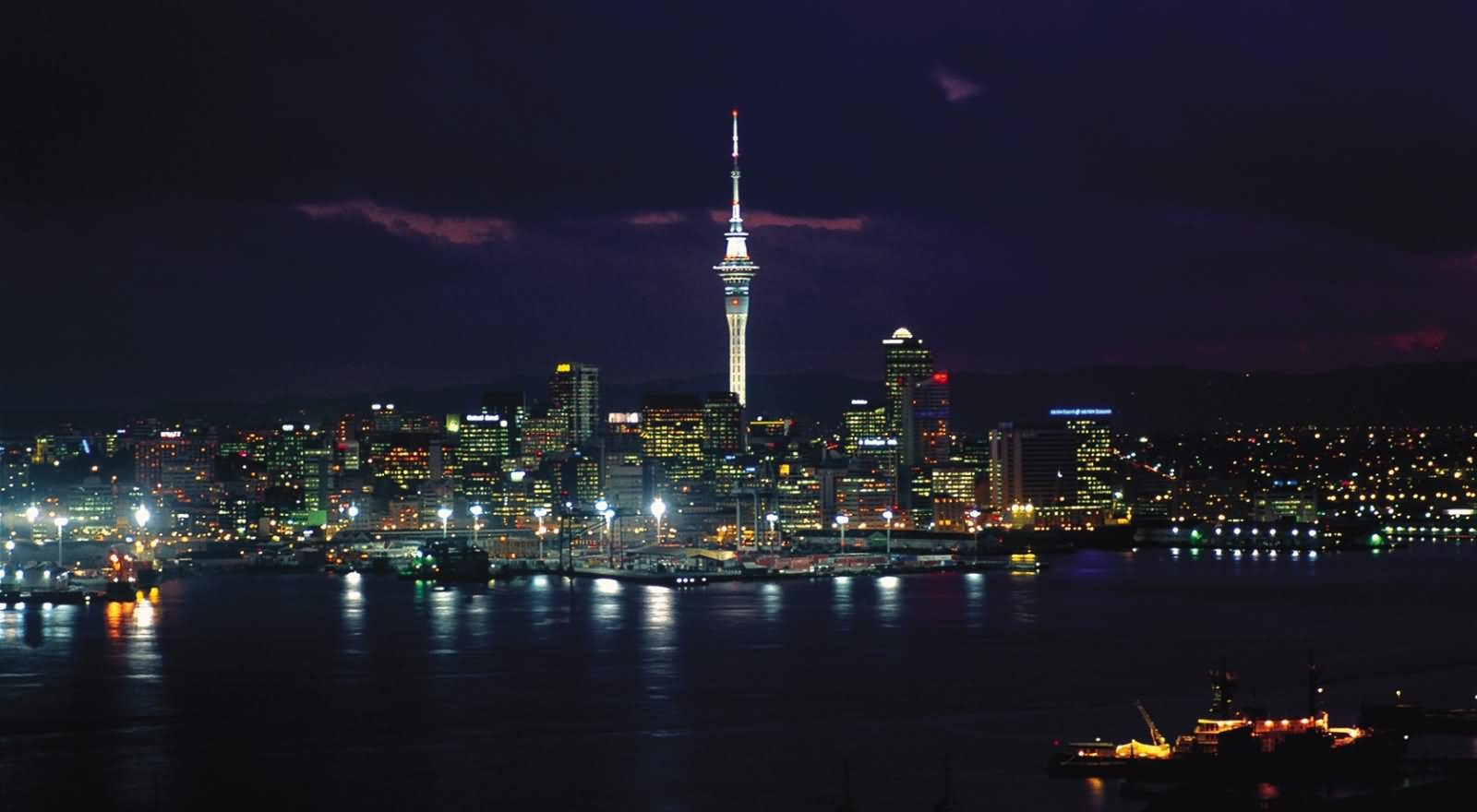 The Sky Tower In Auckland With Surrounding Buildings At Night