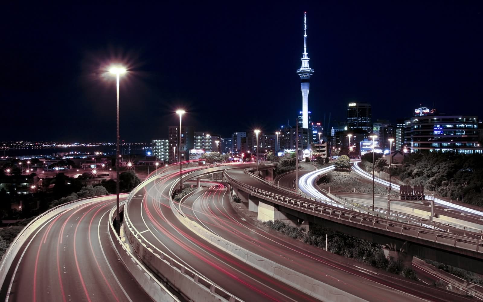The Sky Tower In Auckland Night View With Motion Lights