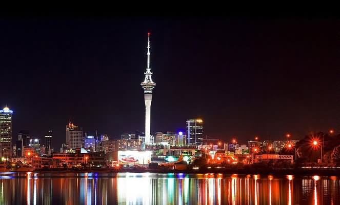 The Sky Tower With Auckland City Night View