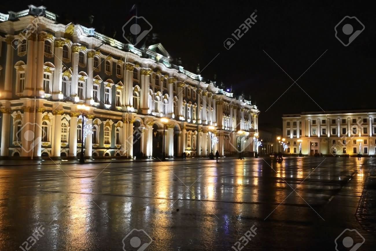 The State Hermitage Museum At Night In St. Petersburg, Russia