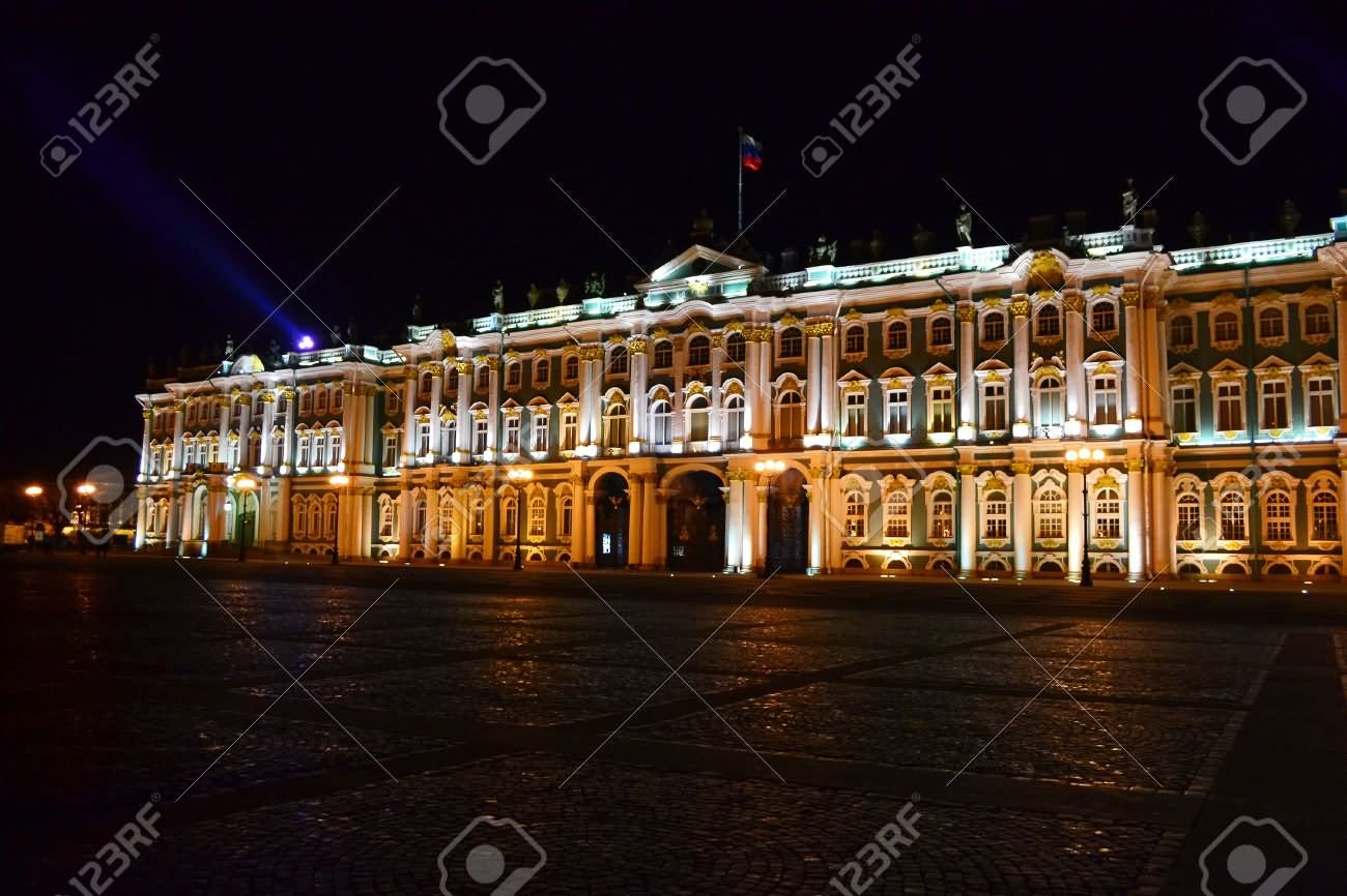 The State Of Hermitage Museum At Night In St. Petersburg, Russia