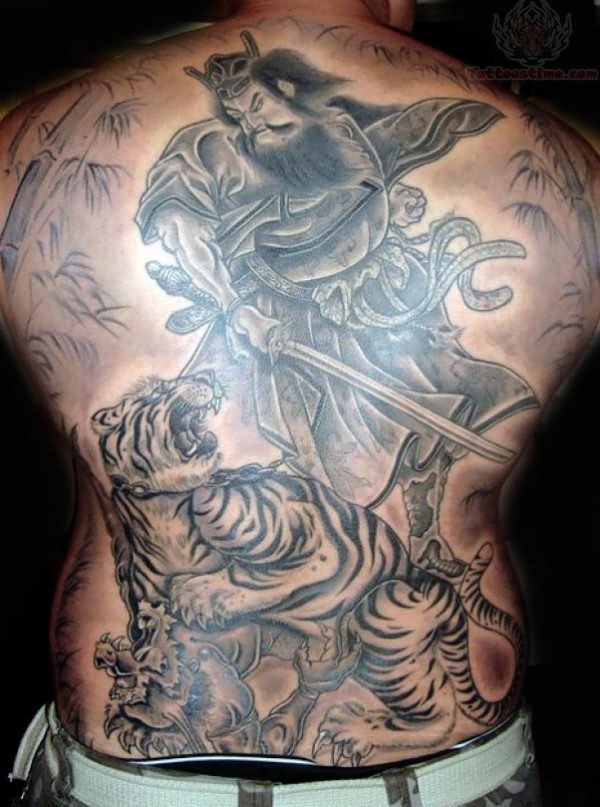 Tiger And Samurai Tattoo On Back