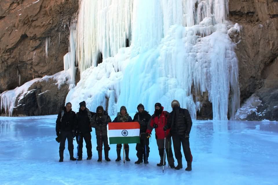 Tourist With Indian Flag At Frozen Zanskar Valley