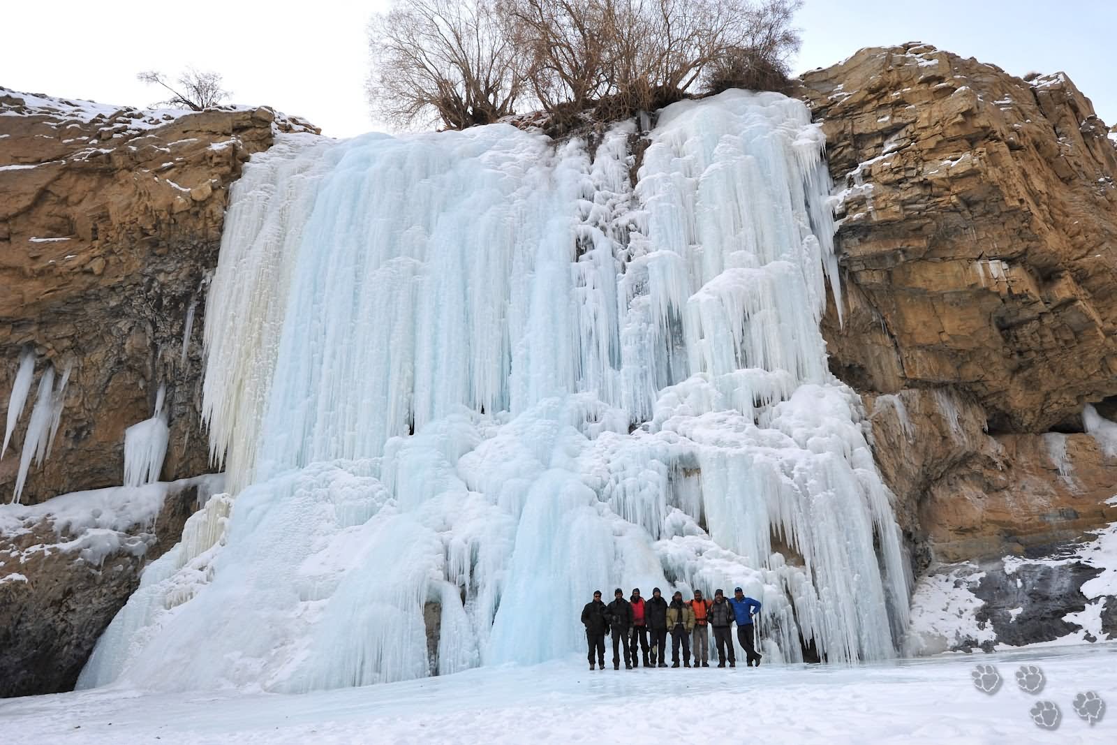 Tourists Standing Near Frozen Waterfall At Zanskar Valley Trek