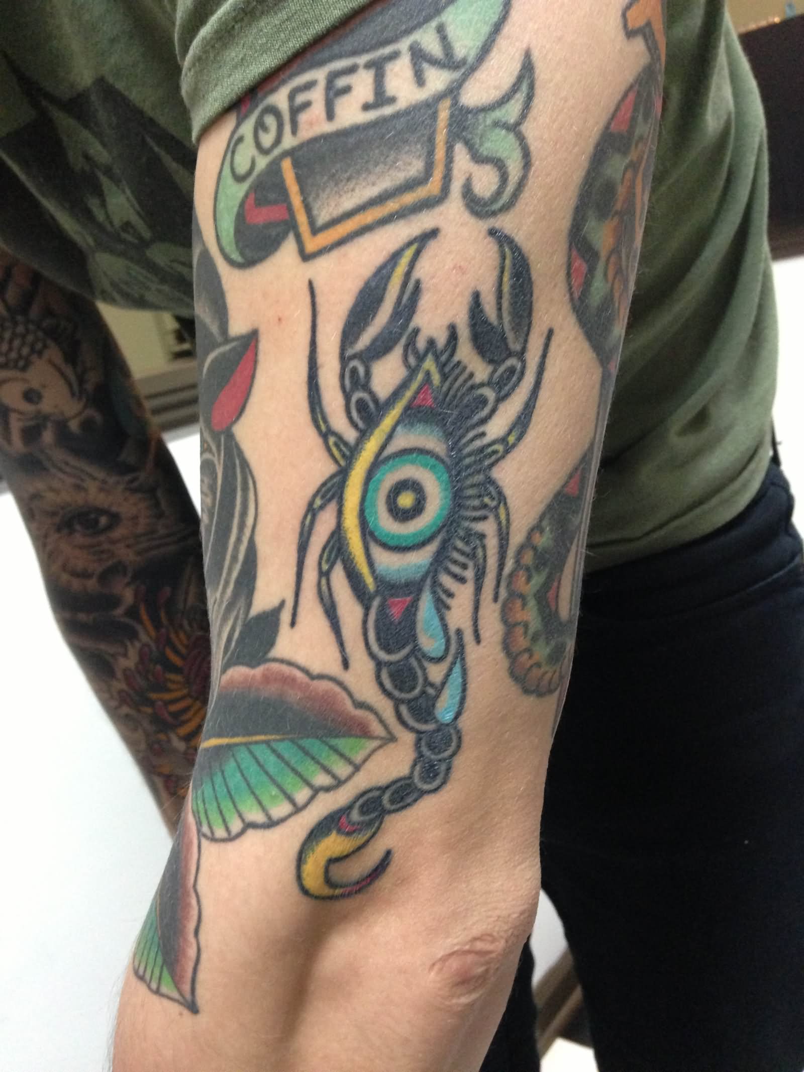 Traditional Crying Eye Scorpion Tattoo On Half Sleeve