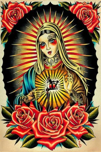 Traditional Saint Mary With Roses Tattoo Design By Tyler Bredeweg