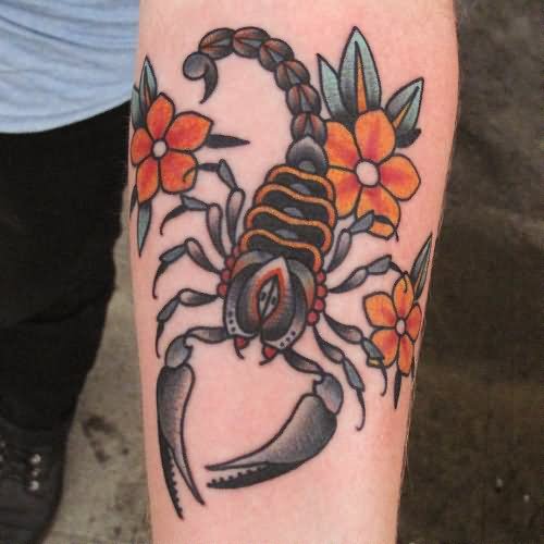 Traditional Scorpion With Flowers Tattoo Design For Sleeve