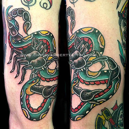 Traditional Scorpion With Snake Tattoo Design