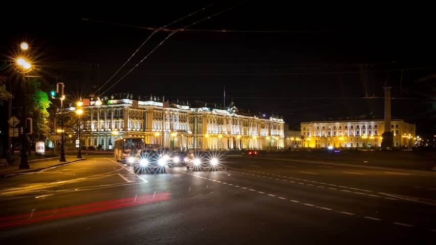 Traffic On The Background Of The Hermitage Museum And Palace Square At Night