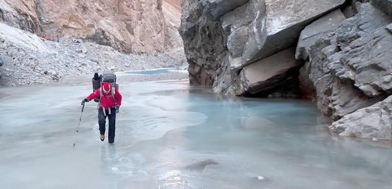 Trekker At Frozen Zanskar Valley