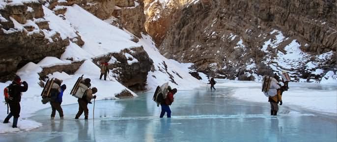 Trekkers Crossing Frozen Zanskar River
