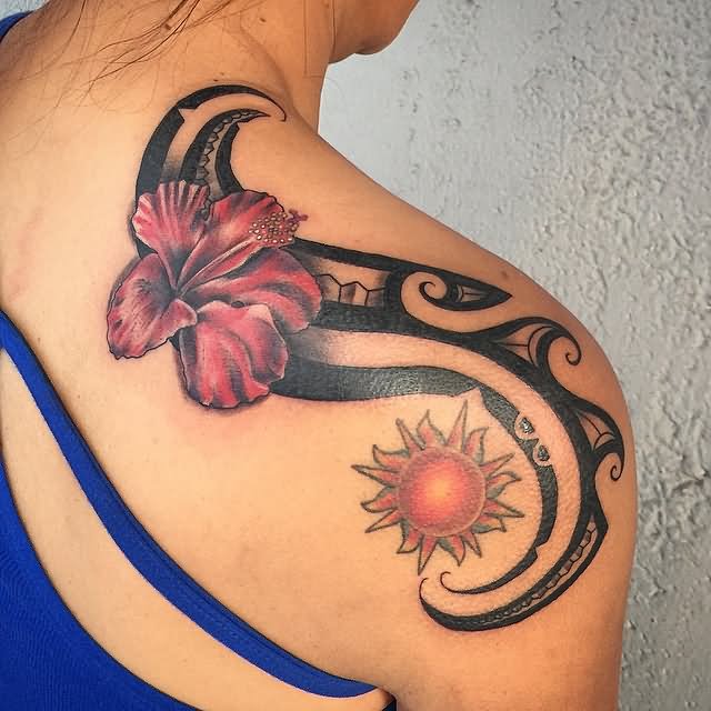 Tribal And Hibiscus Tattoo On Girl Right Back Shoulder