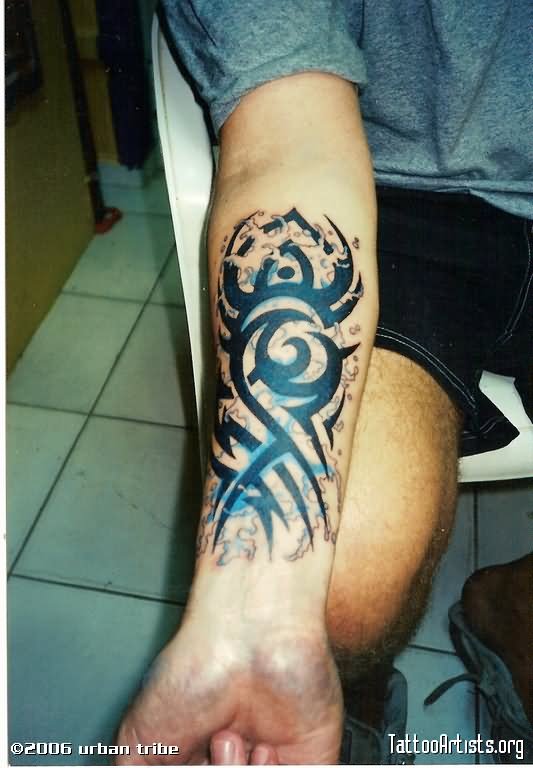 Tribal Waves Tattoo On Right Forearm