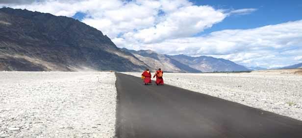 Two Monks Walking On Road In Nubra Valley