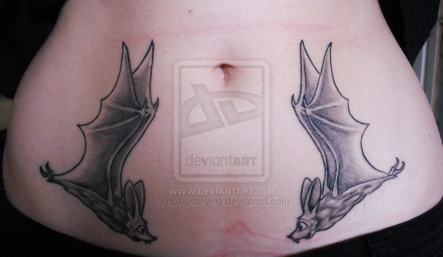 Two Vampire Bats Tattoo On Stomach
