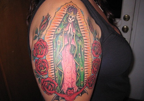 Unique Colorful Saint Mary With Roses Tattoo On Girl Right Shoulder