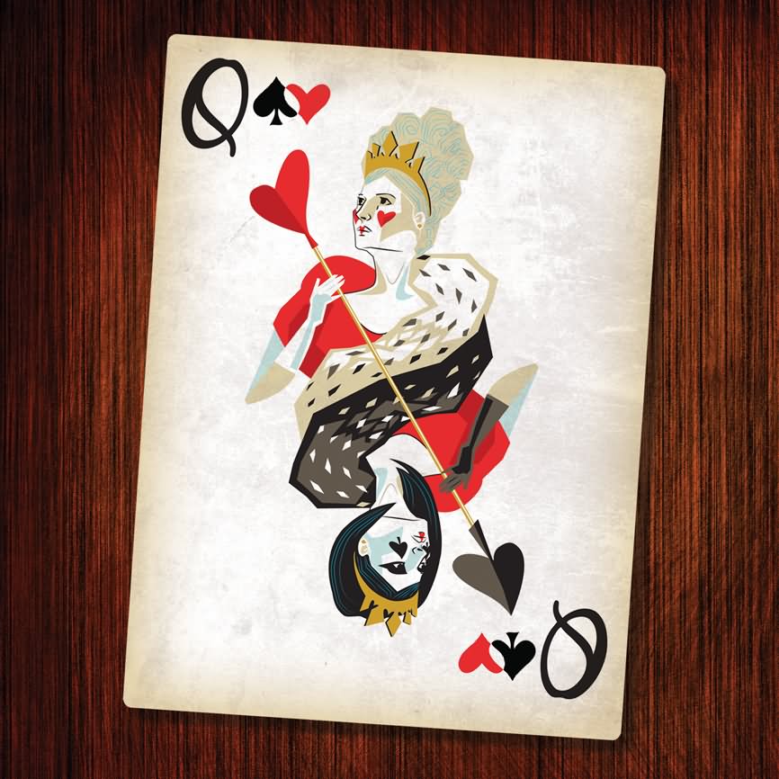 Unique Queen Of Hearts Card Tattoo Design