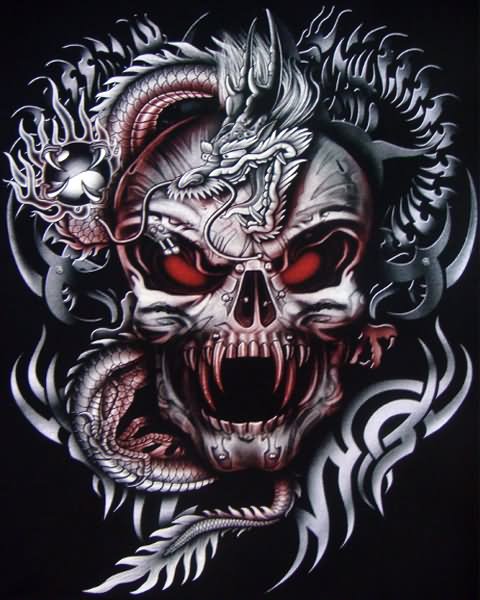 Unique Vampire Skull With Dragon Tattoo Design