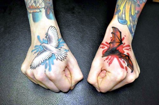 Vampire Bat And Dove Tattoo On Both Hand