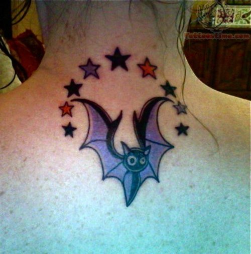 Vampire Bat With Stars Tattoo On Upper Back