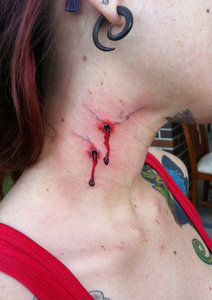 Vampire Bite Tattoo On Girl Side Neck