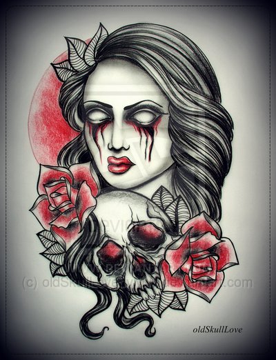 Vampire Girl With Skull And Roses Tattoo Design