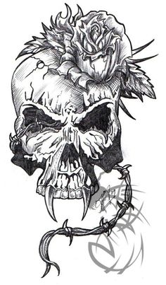 Vampire Skull With Flowers Tattoo Design
