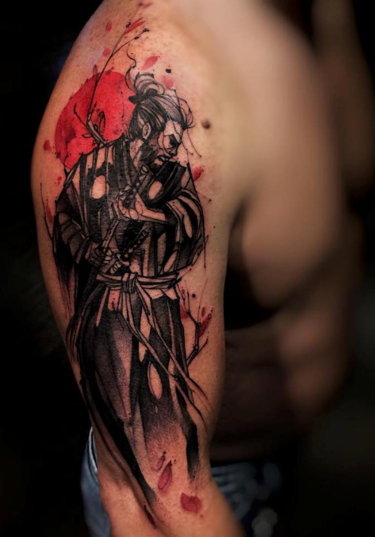 Water Color Samurai Tattoo On Right Sleeve
