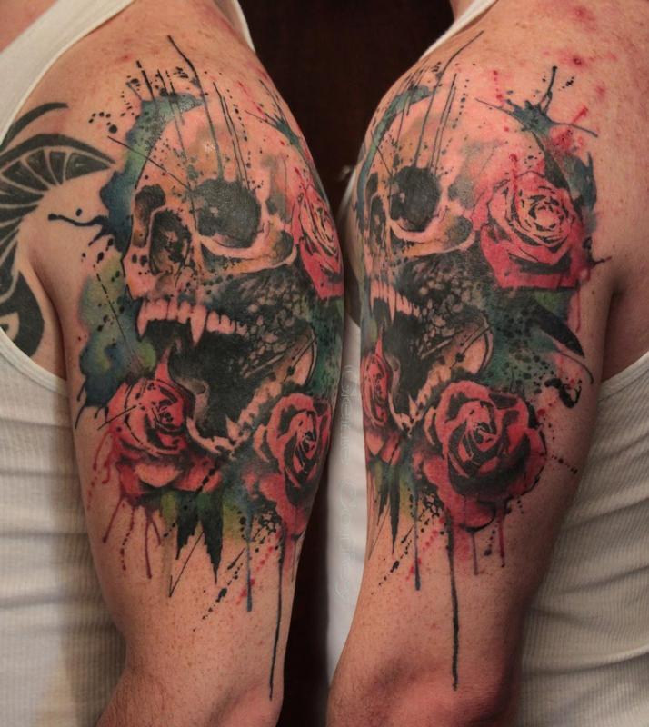 Watercolor Vampire Skull With Roses Tattoo On Shoulder