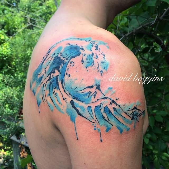 Watercolor Wave Tattoo On Right Shoulder