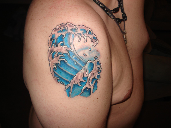 Wave Tattoo On Man Right Shoulder