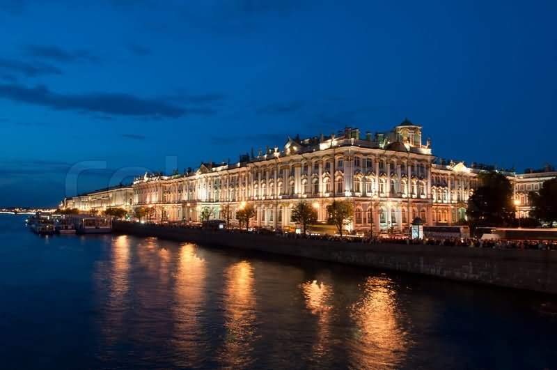 Winter Palace Hermitage Museum In St. Petersburg At Night