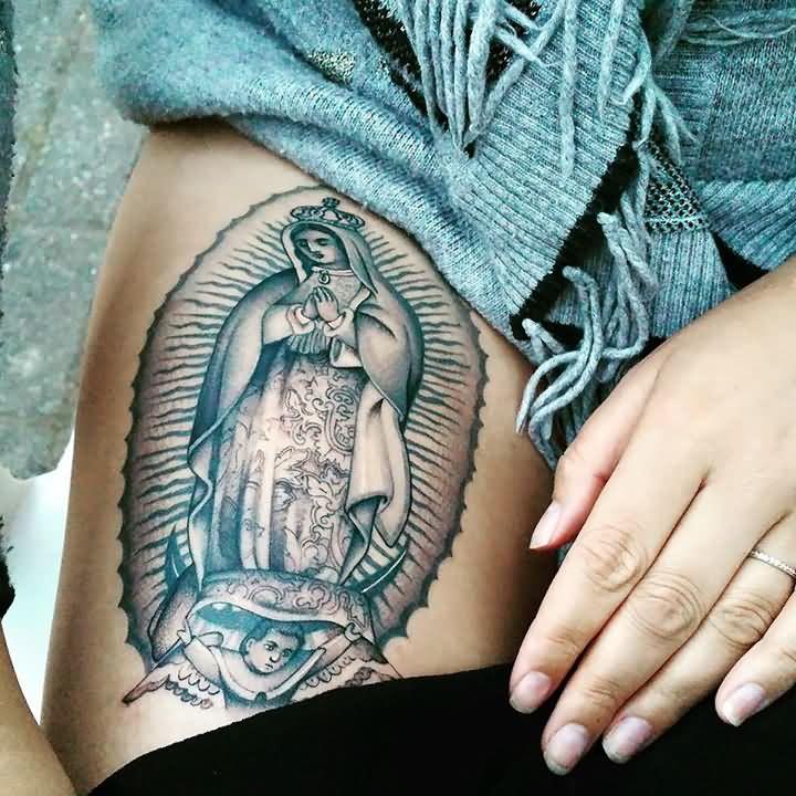 Wonderful Saint Mary Tattoo On Thigh By Didson Scripts