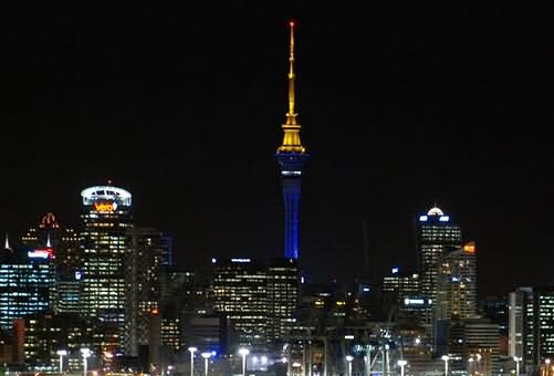 Yellow And Blue Lights On The Sky Tower