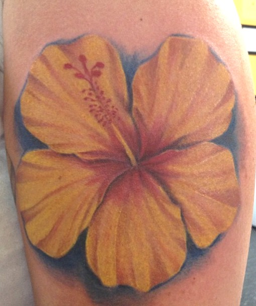 Yellow Hibiscus Tattoo On Left Shoulder