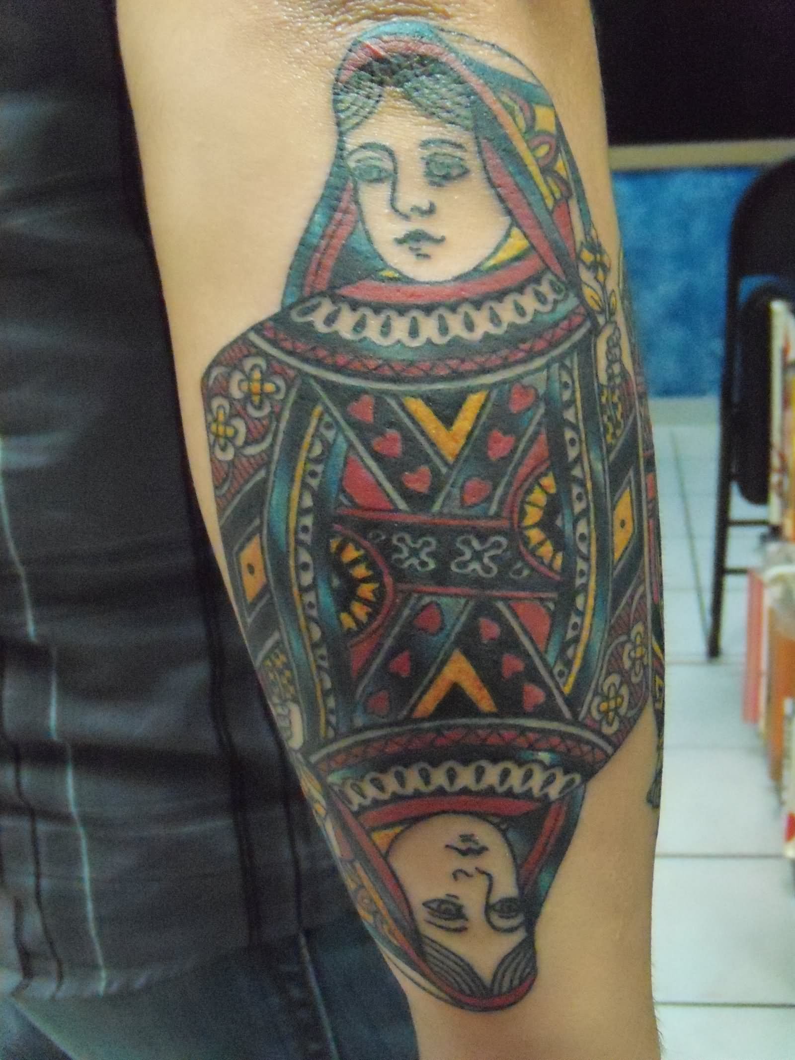 colorful Queen Of Hearts Card Tattoo On Arm