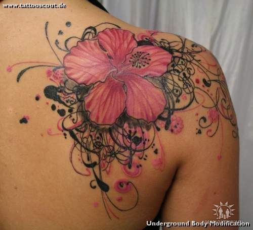 Amazing Hibiscus Tattoo On Right Back Shoulder