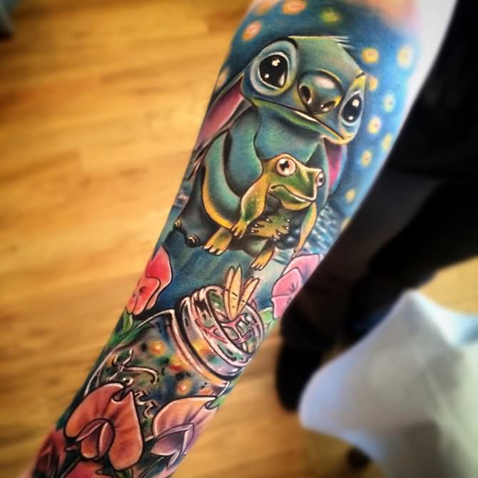 Attractive Stitch With Frog Tattoo On Forearm