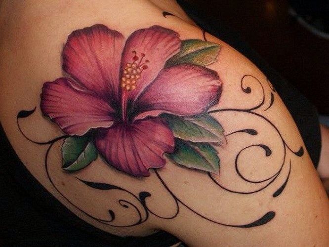 Awesome Hibiscus Tattoo On Shoulder