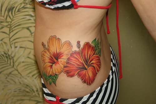 Beautiful Hibiscus Tattoos On Side Rib