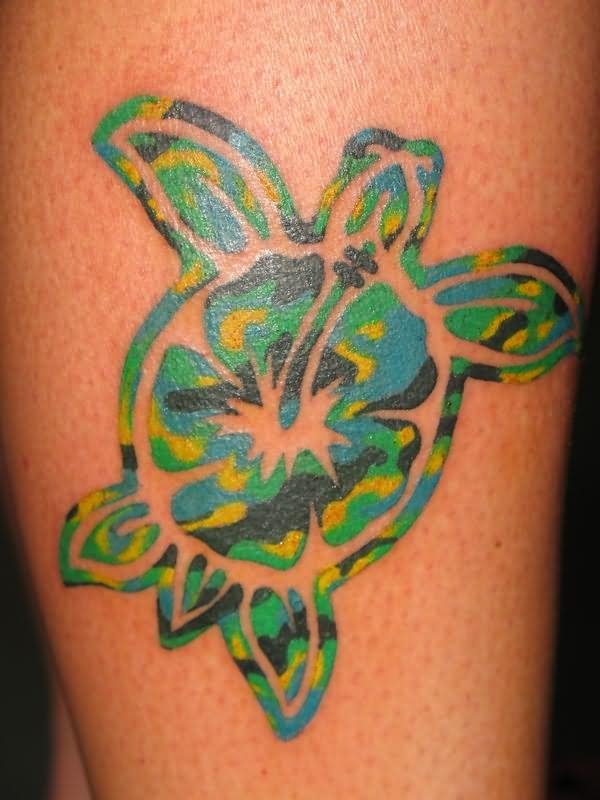Black And Green Ink Hibiscus Flower In Turtle Tattoo